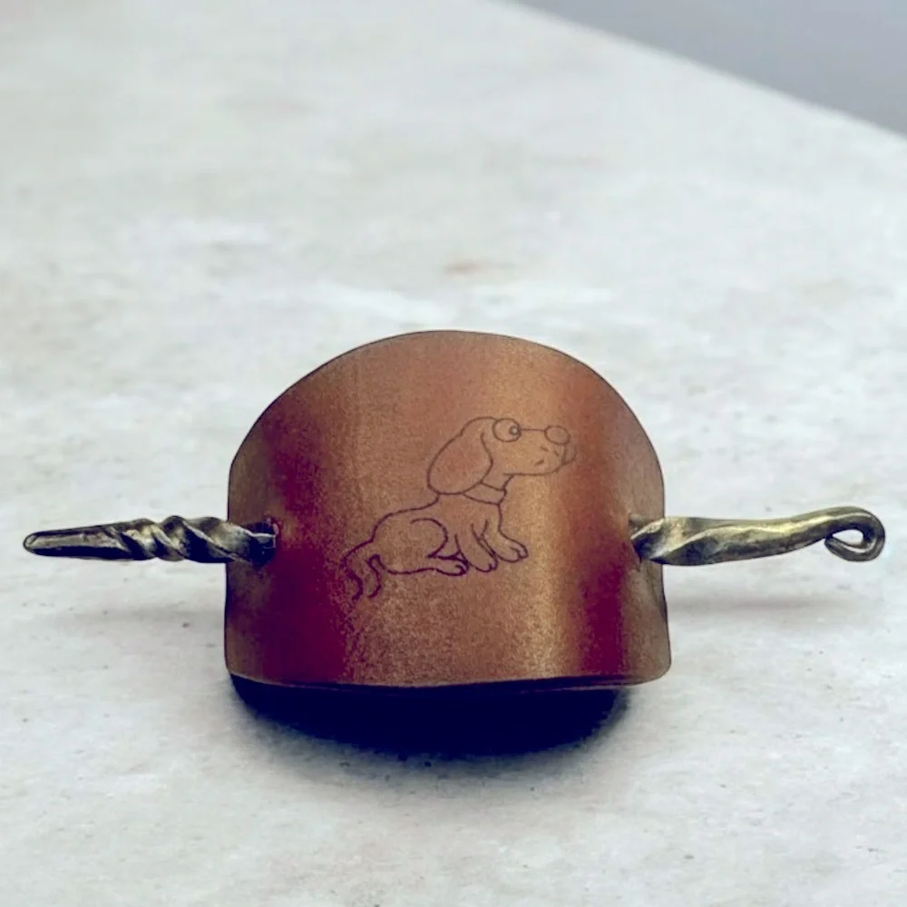 Brown Leather Hair Barrette with Metal Pin and Dog New